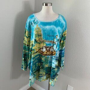 NEW Liz & Me Womens Plus 5X Cafe Scene Print Cotton Tunic Top Turquoise Shirt